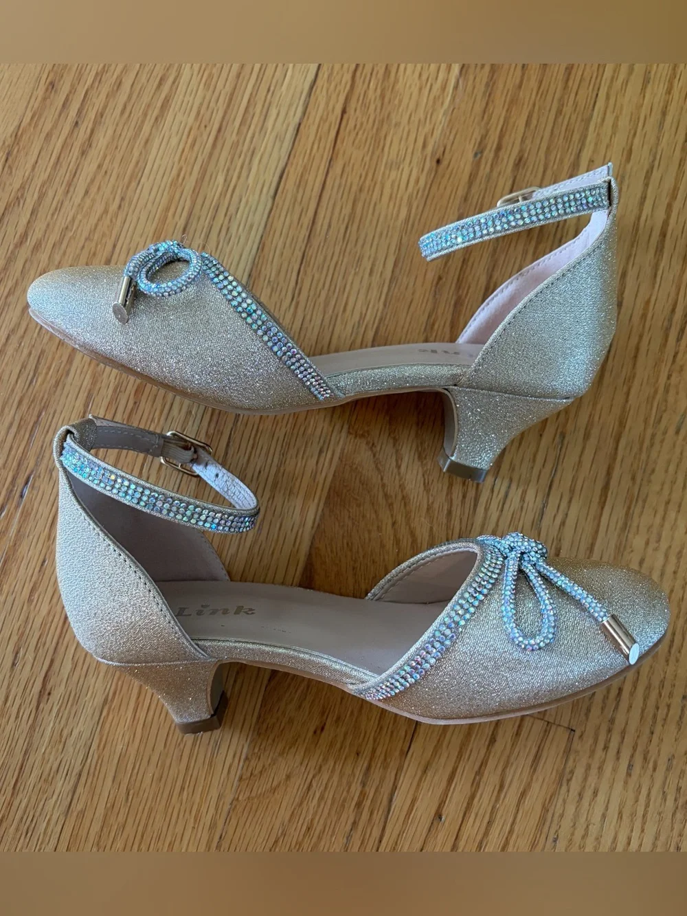 Sparkle Bow Ankle-Strap Girl’s Heels - Gold